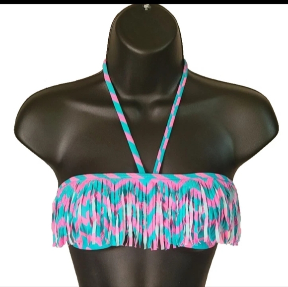 Billabong 2 Piece Swimsuit wit tasseled Halter nylon Pink Blue Chevron Bikini. - Picture 3 of 8